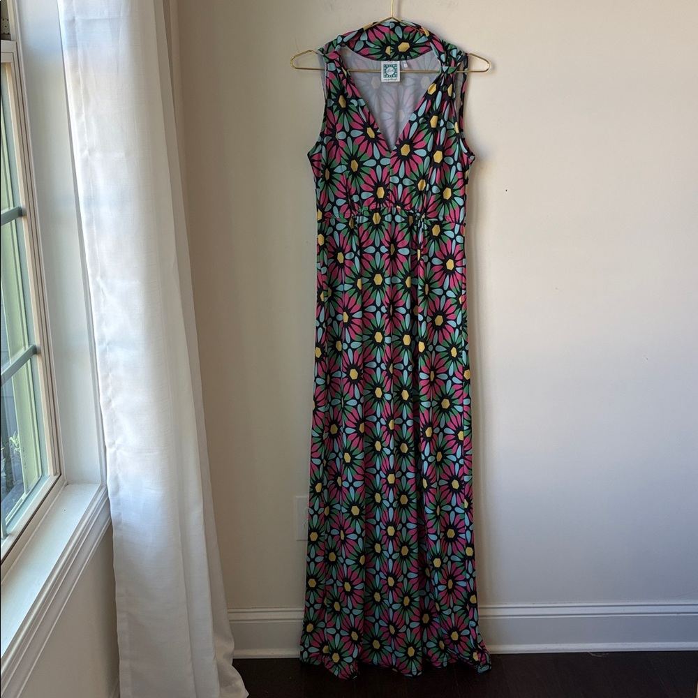 Vfish Vera Fishbaugh Floral Maxi Dress Jersey Stretch Resortwear Vacation Size L